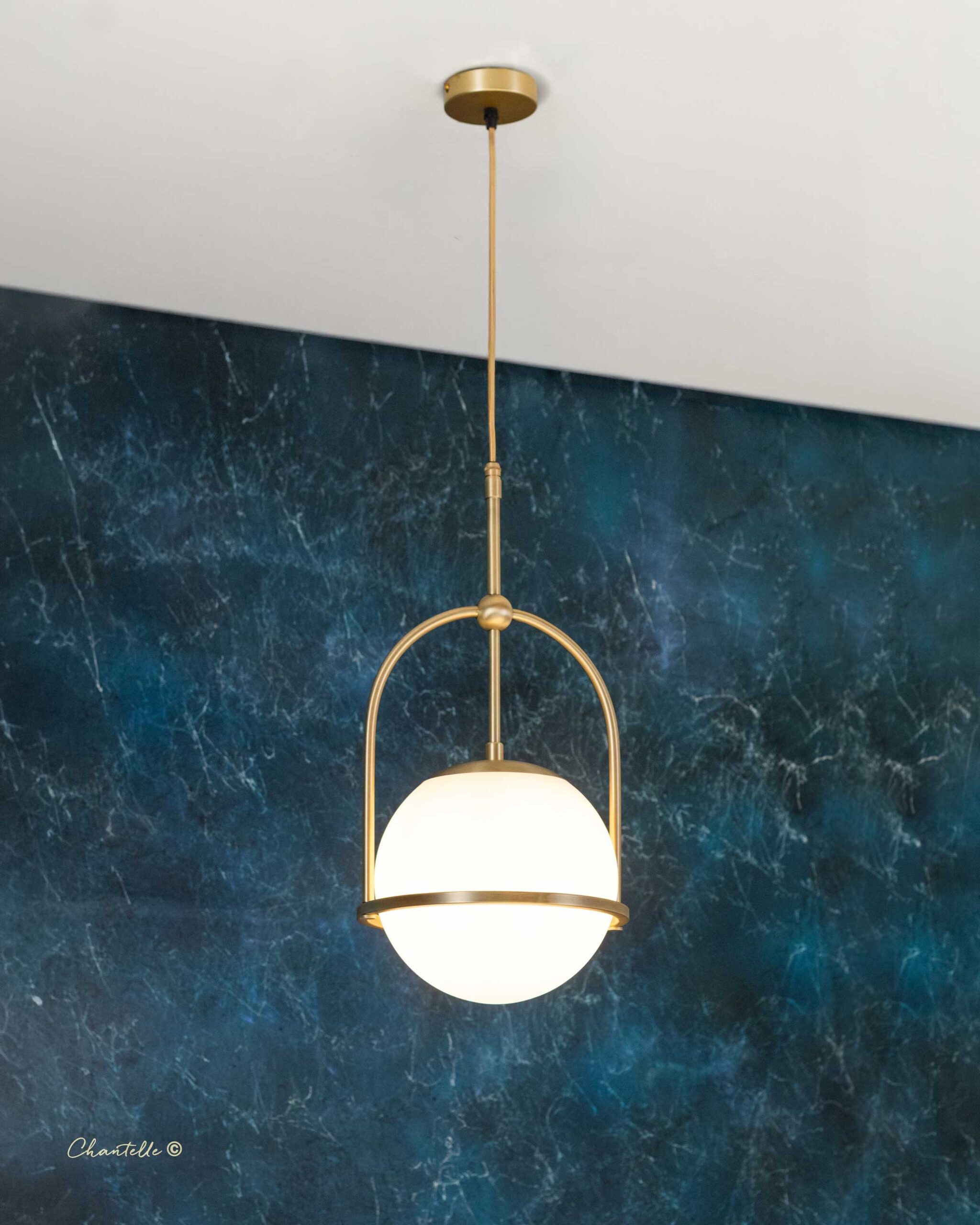 Antique brass arch pendant with an opal globe - 079073