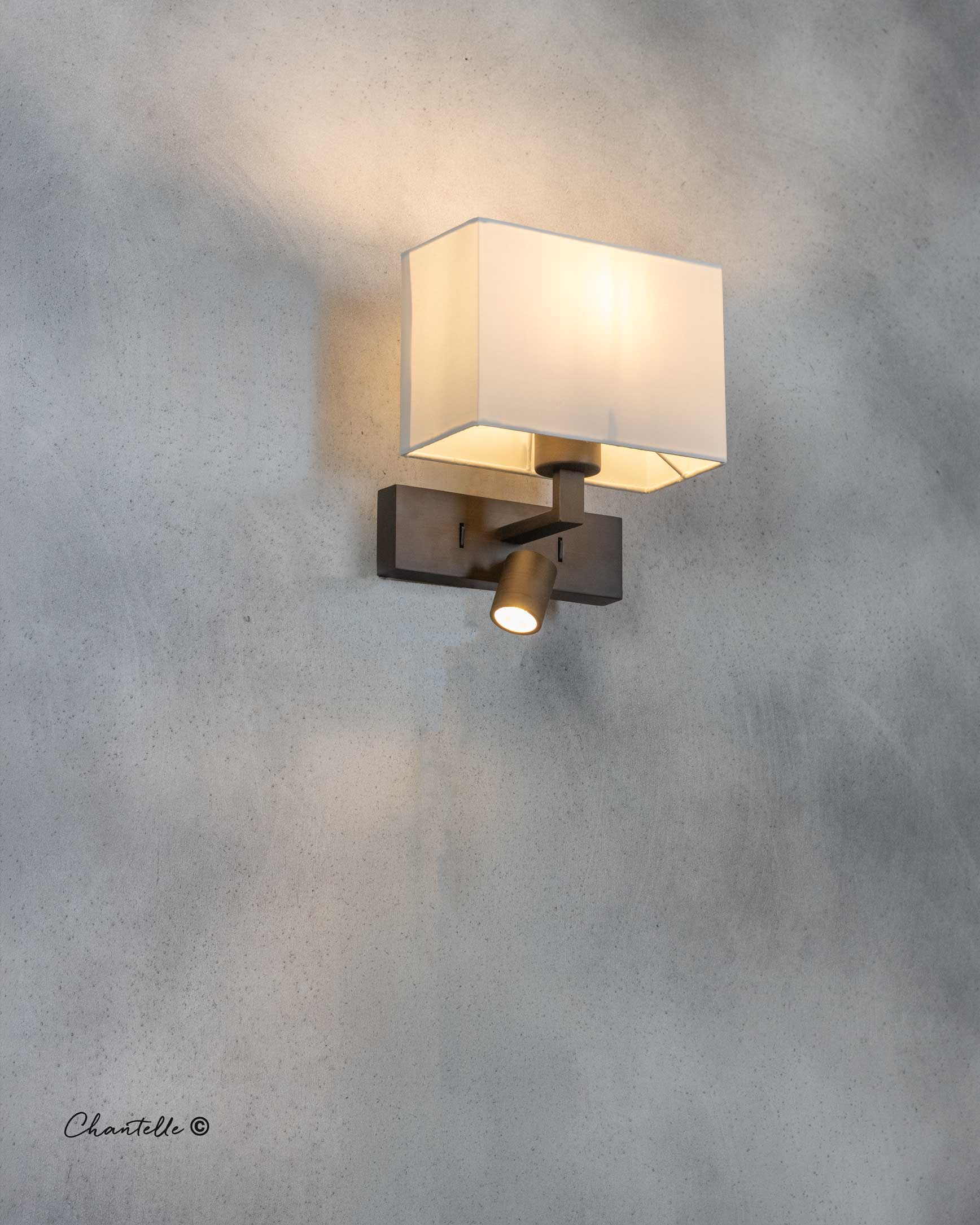 Brushed Bronze Wall Light with Reading Light and ivory shade - 079154