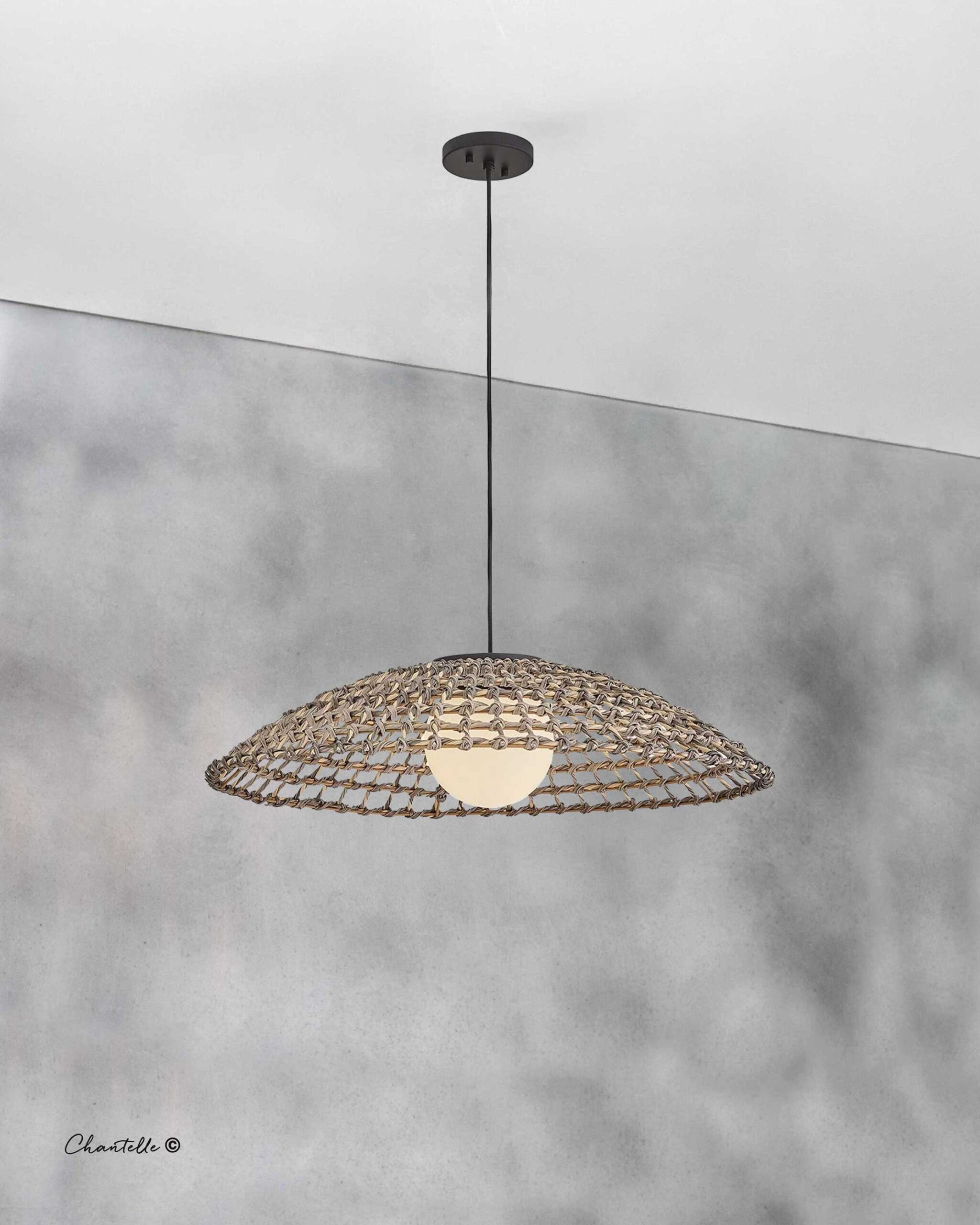XL outdoor rattan pendant with opal globe - 079250